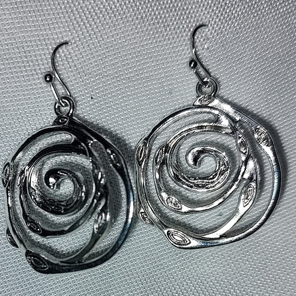 Silver Tone Dangle Swirl Portal Earrings - Picture 2 of 3